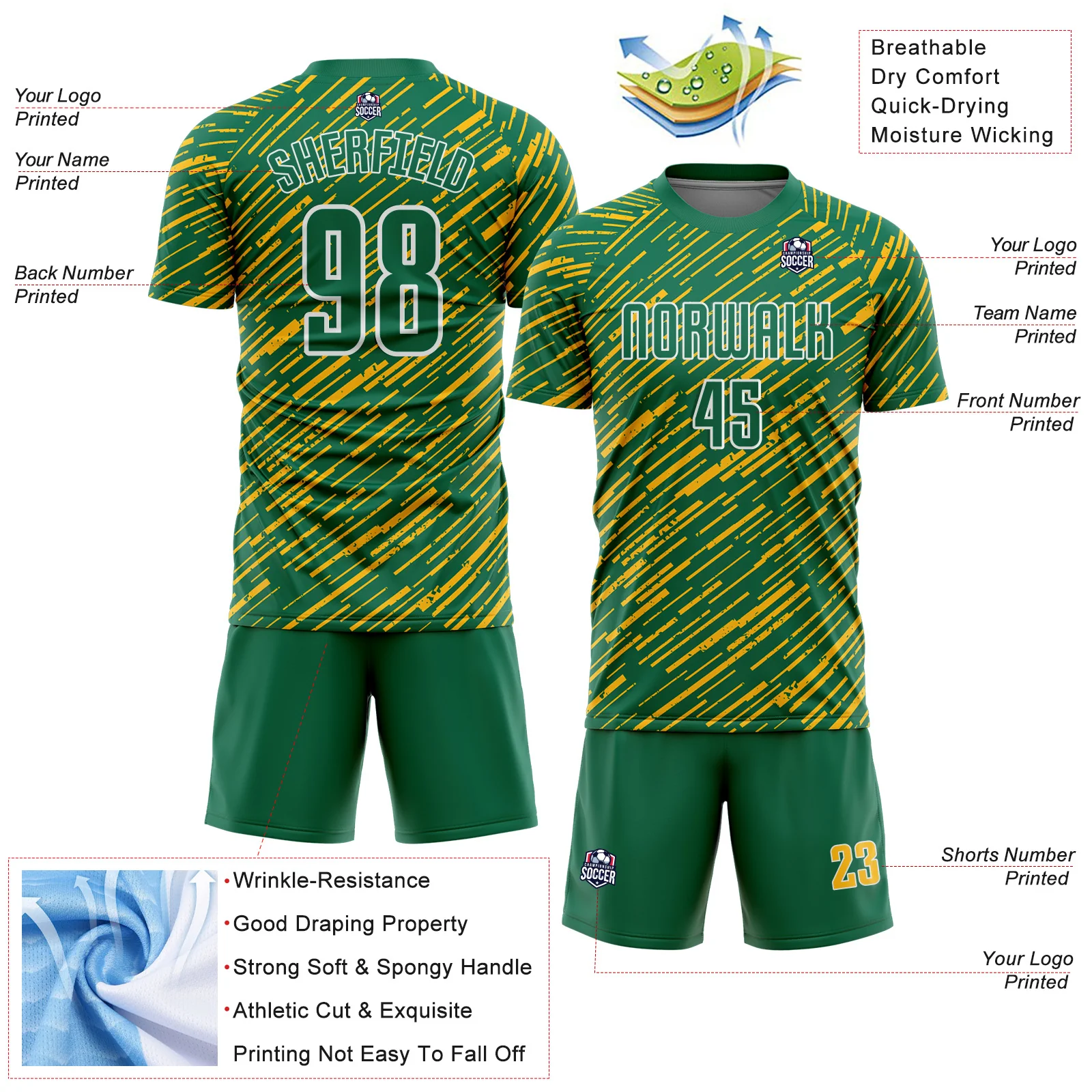 Custom Kelly Green Gold-White Line Sports Sublimation Soccer Uniform Jersey - Image 4