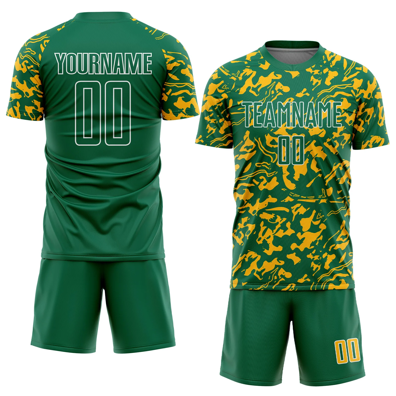 Custom Kelly Green Gold-White Liquid Fluid Pattern Sports Sublimation Soccer Uniform Jersey - Image 2