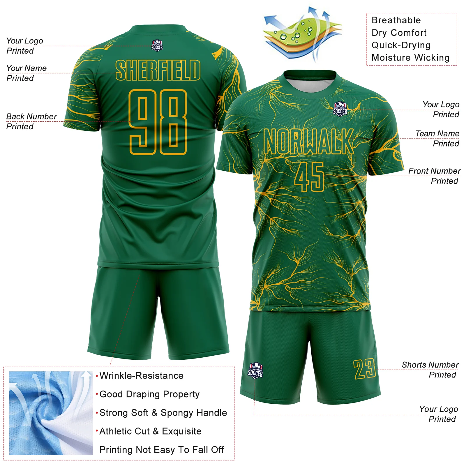 Custom Kelly Green Gold Lightning Electric Veins Sublimation Soccer Uniform Jersey - Image 4