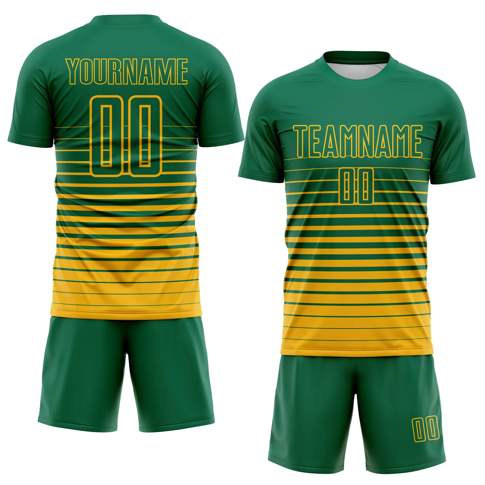 Custom Kelly Green Gold Gradient Pinstripe Sublimation Soccer Uniform Jersey - Image 2