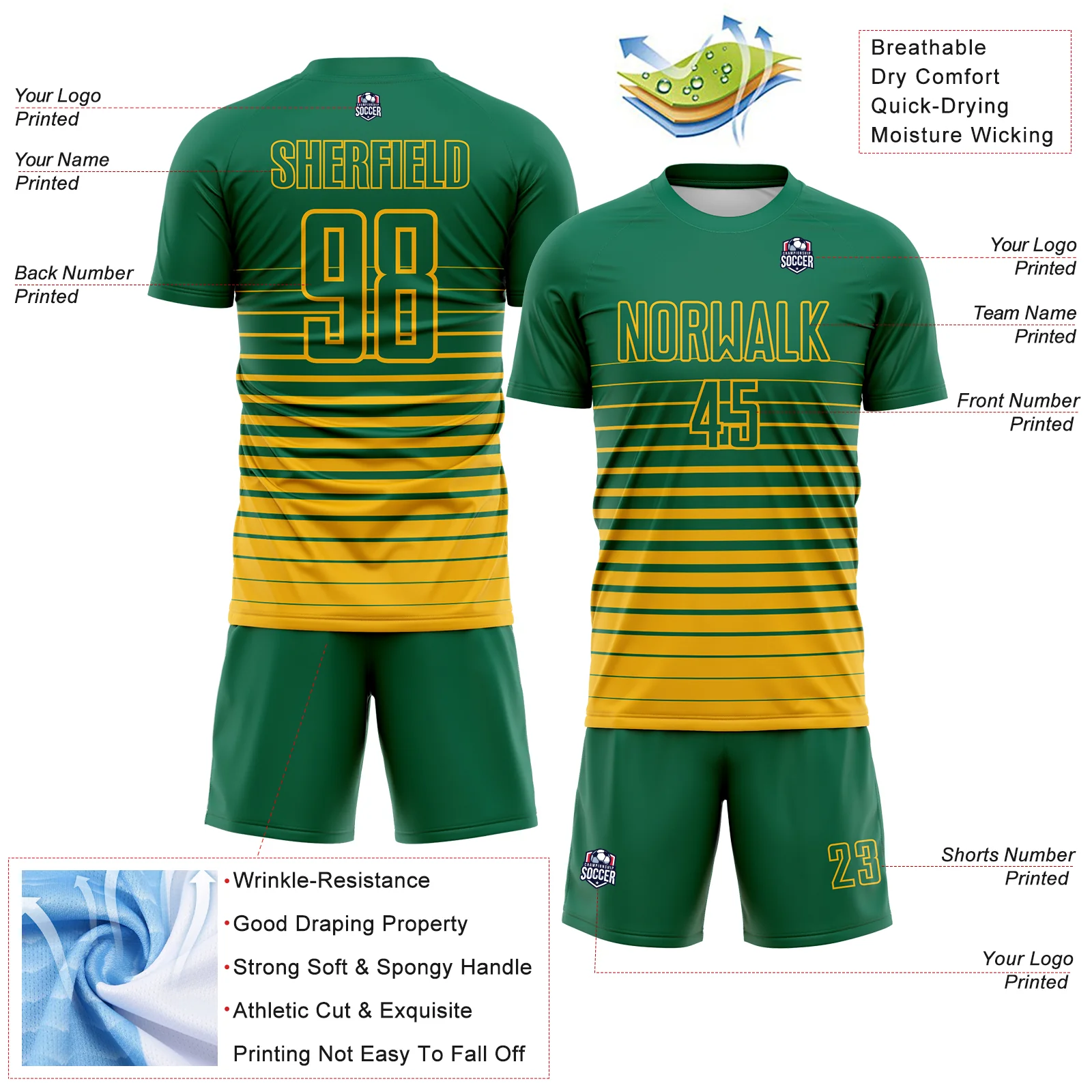 Custom Kelly Green Gold Gradient Pinstripe Sublimation Soccer Uniform Jersey - Image 4