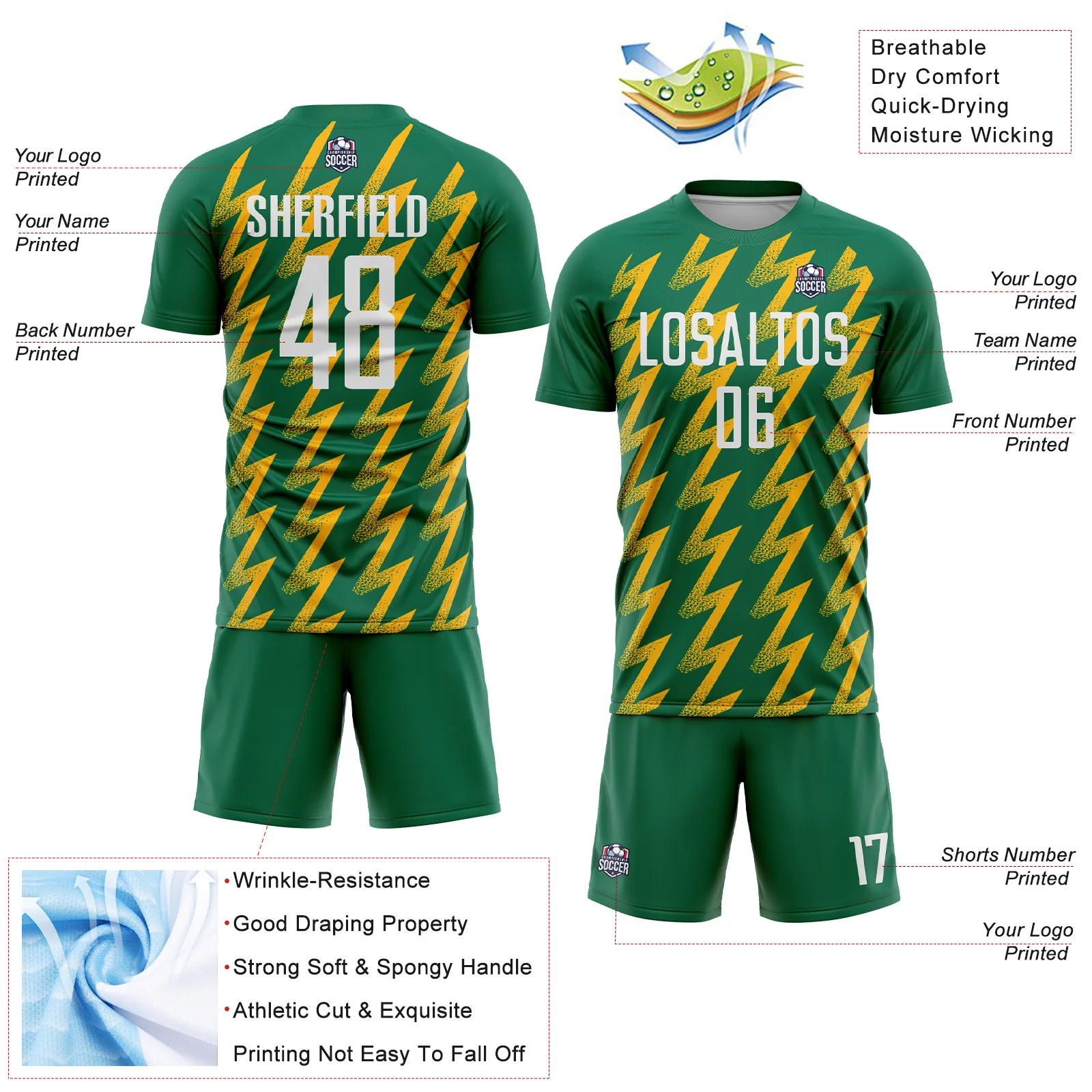 Custom Kelly Green White-Gold Zigzag Shape Sublimation Soccer Uniform Jersey - Image 4