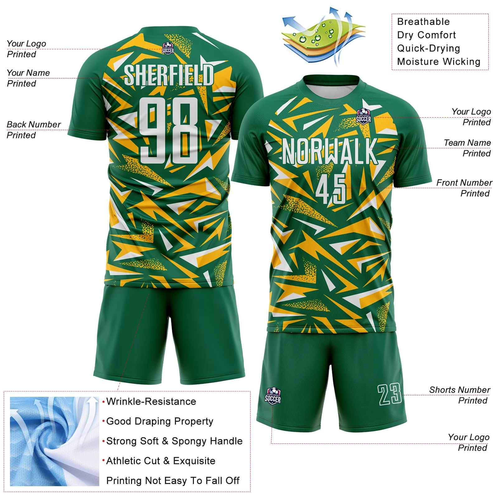 Custom Kelly Green White-Gold Cyber Mecha E-sport Geometric Shards Spike Sublimation Soccer Uniform Jersey - Image 4