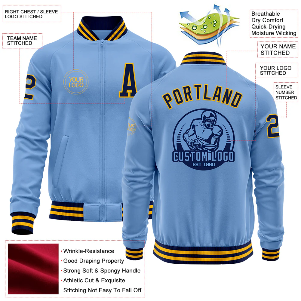 Custom Light Blue Navy-Gold Bomber Varsity Letterman Zipper Jacket - Image 4