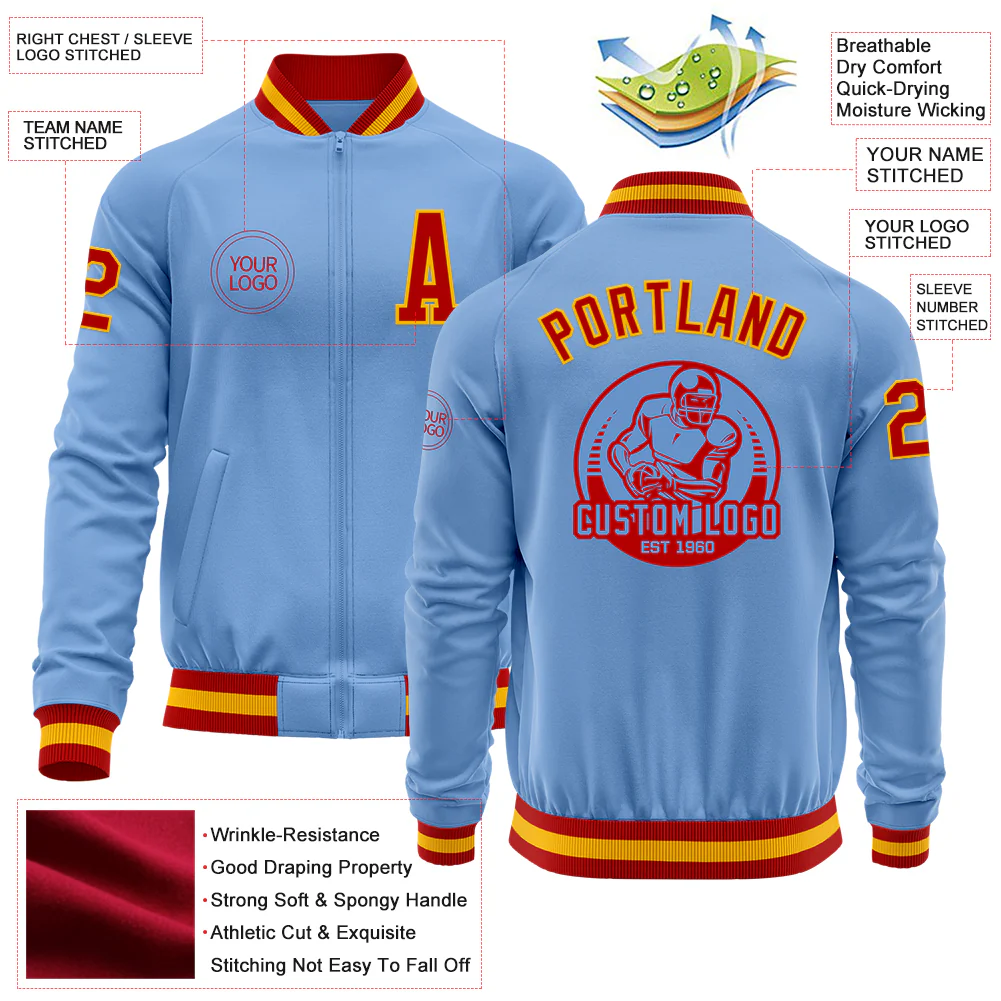 Custom Light Blue Red-Gold Bomber Varsity Letterman Zipper Jacket - Image 4