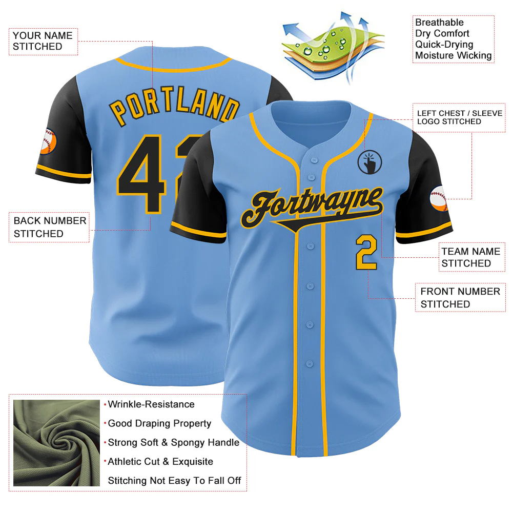 Custom Light Blue Black-Gold Authentic Two Tone Baseball Jersey - Image 3