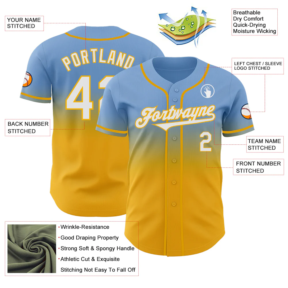 Custom Light Blue White-Gold Authentic Fade Fashion Baseball Jersey - Image 3