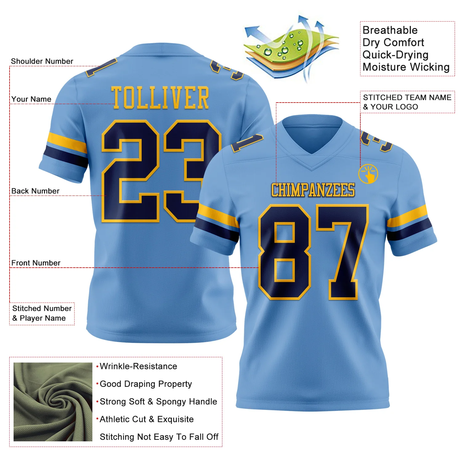 Custom Light Blue Navy-Gold Authentic Football Jersey - Image 3