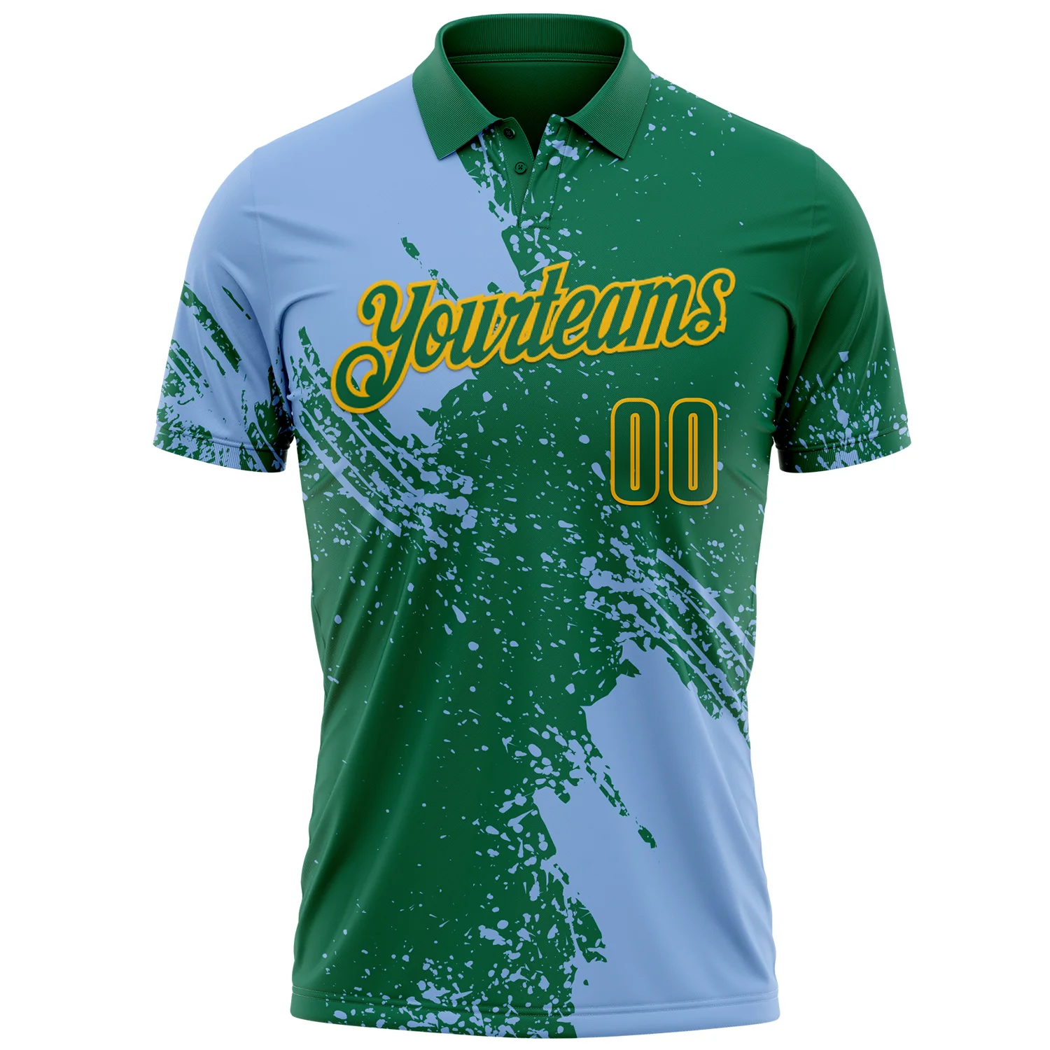 Custom Light Blue Kelly Green-Gold 3D Pattern Design Abstract Brush Stroke Performance Polo Shirt - Image 2