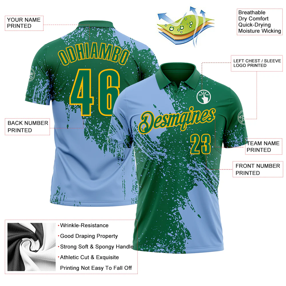 Custom Light Blue Kelly Green-Gold 3D Pattern Design Abstract Brush Stroke Performance Polo Shirt - Image 3