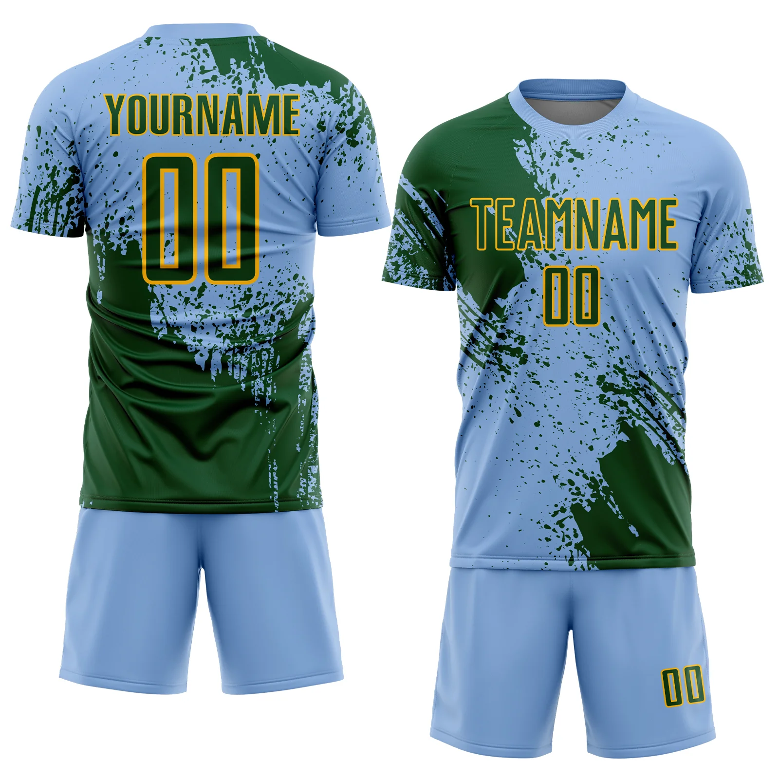 Custom Light Blue Green-Gold Abstract Brush Stroke Sports Sublimation Soccer Uniform Jersey - Image 2