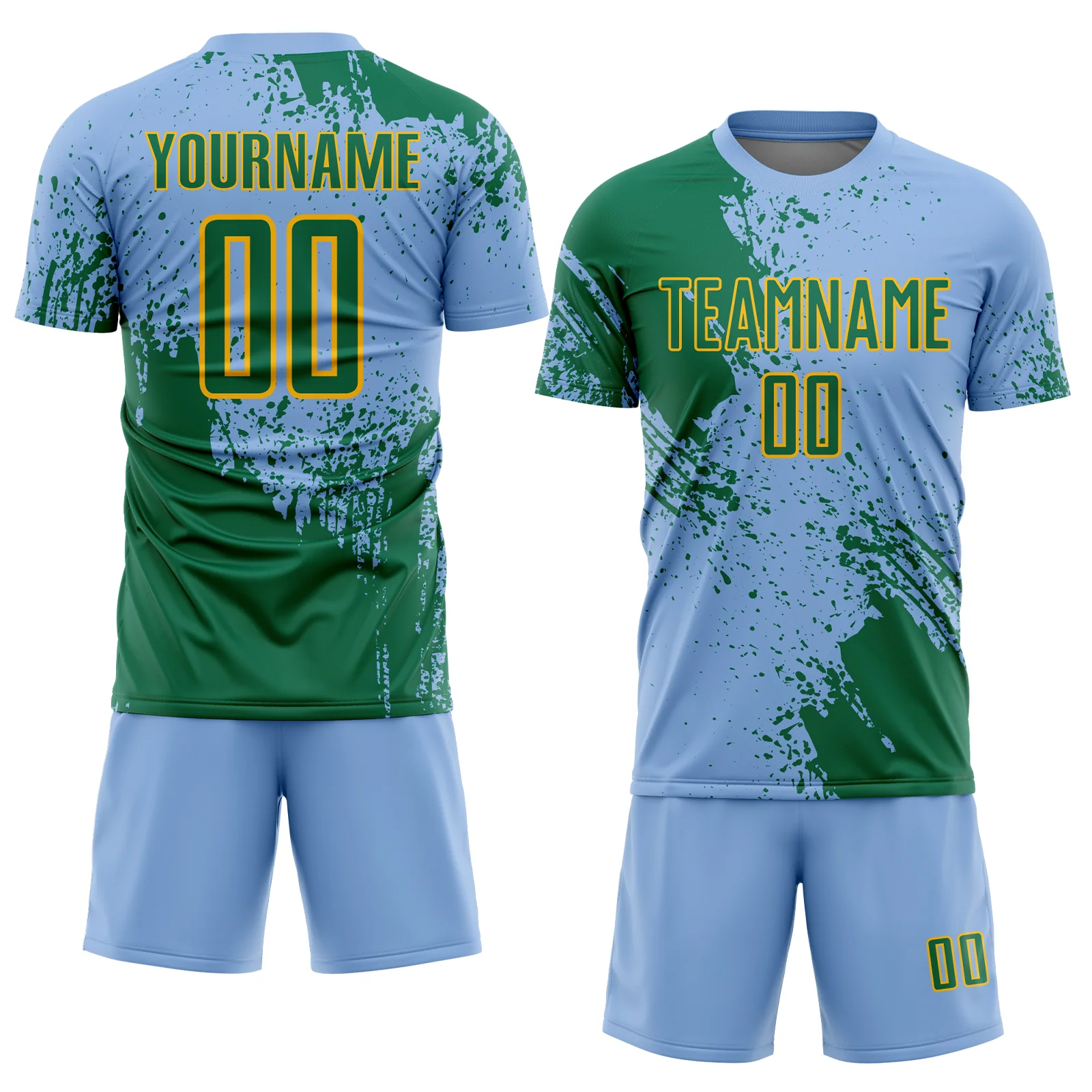 Custom Light Blue Kelly Green-Gold Abstract Brush Stroke Sports Sublimation Soccer Uniform Jersey - Image 2