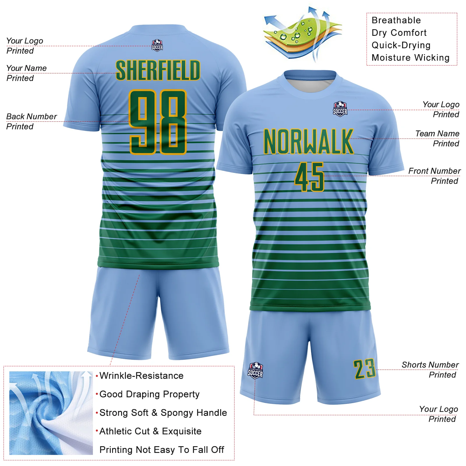 Custom Light Blue Kelly Green-Gold Gradient Pinstripe Sublimation Soccer Uniform Jersey - Image 4