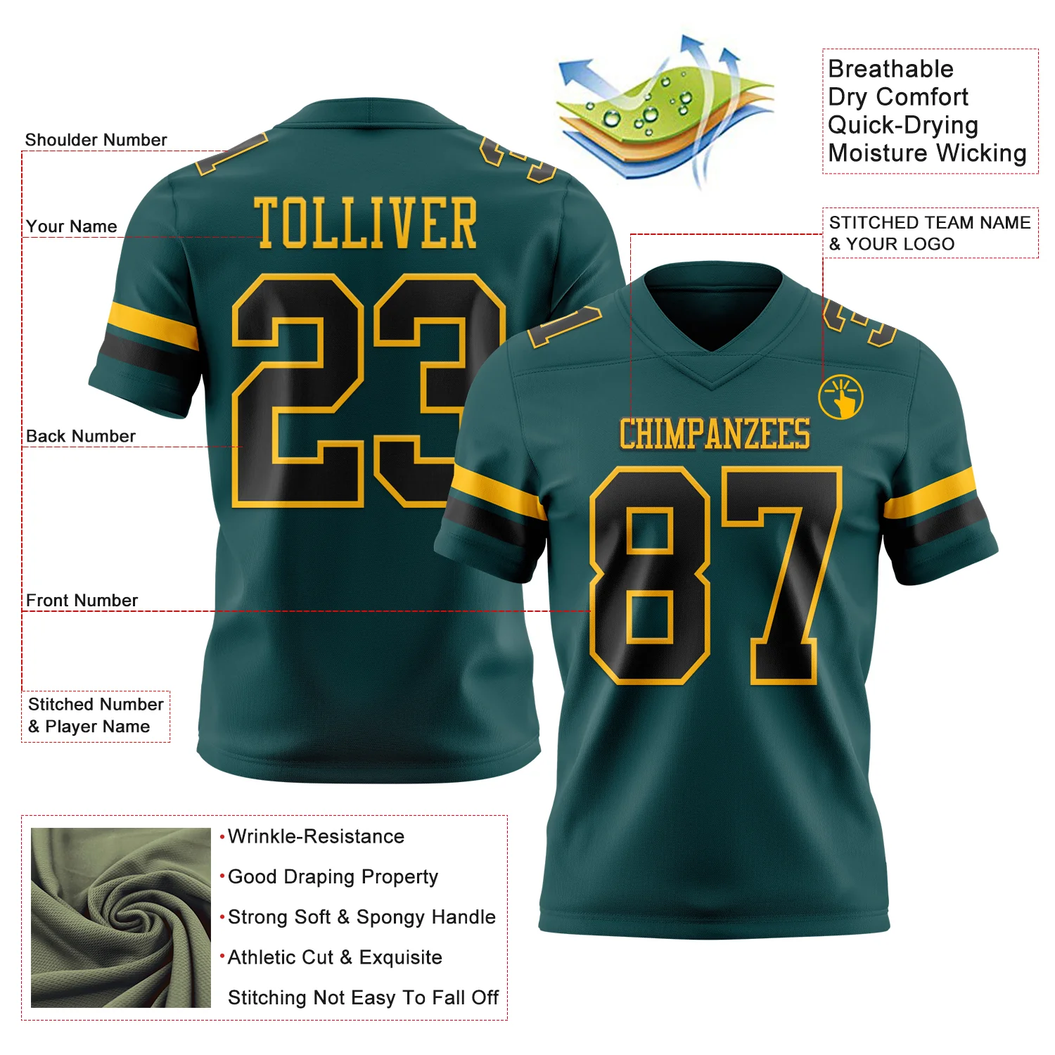 Custom Midnight Green Black-Old Gold Authentic Football Jersey - Image 3