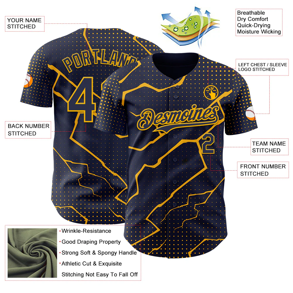 Custom Navy Gold Lightning Polka Dot Authentic Baseball Jersey - Image 3
