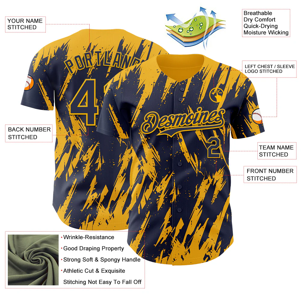 Custom Navy Gold Splatter Torn Sharp Brush Stroke Authentic Baseball Jersey - Image 3