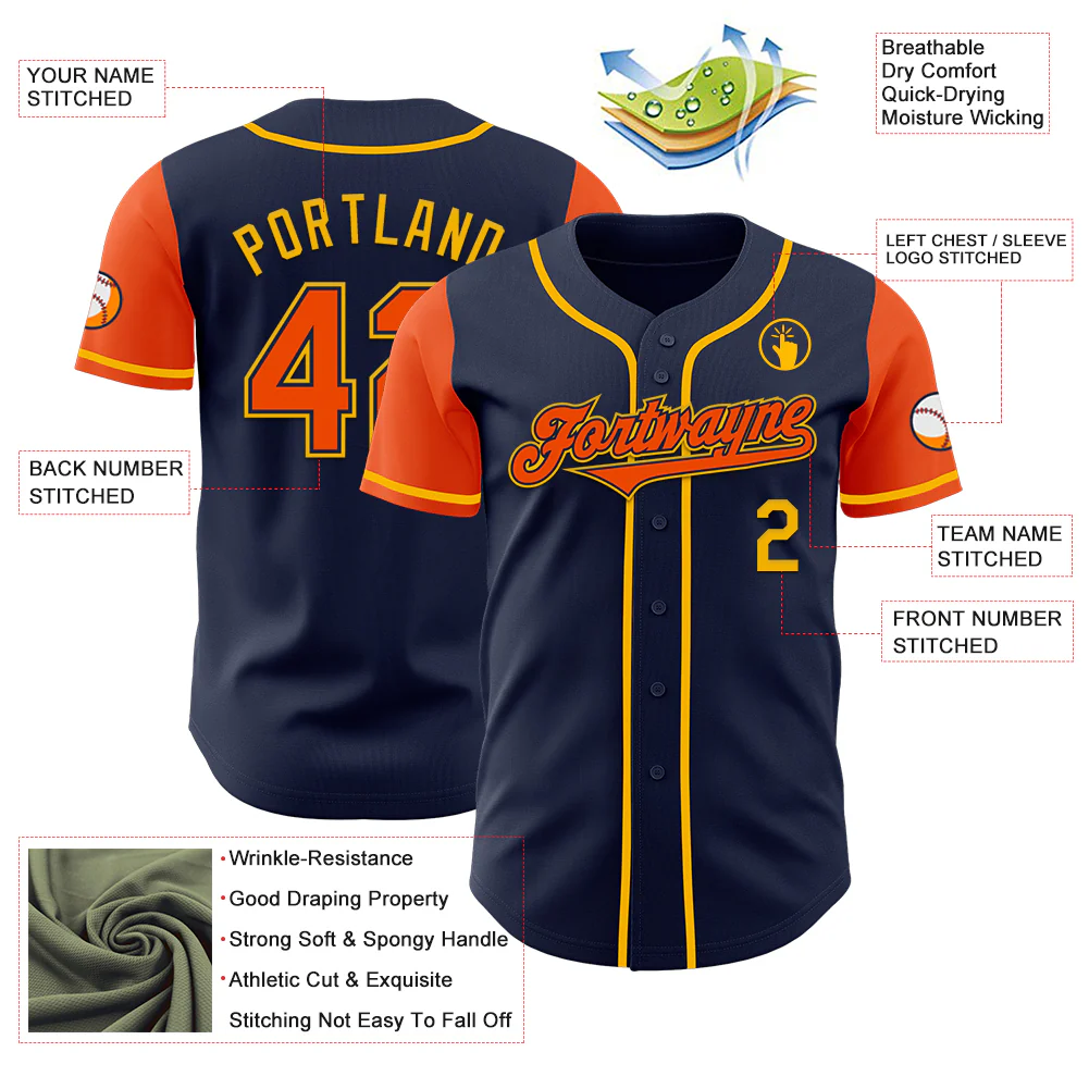 Custom Navy Orange-Gold Authentic Two Tone Baseball Jersey - Image 3