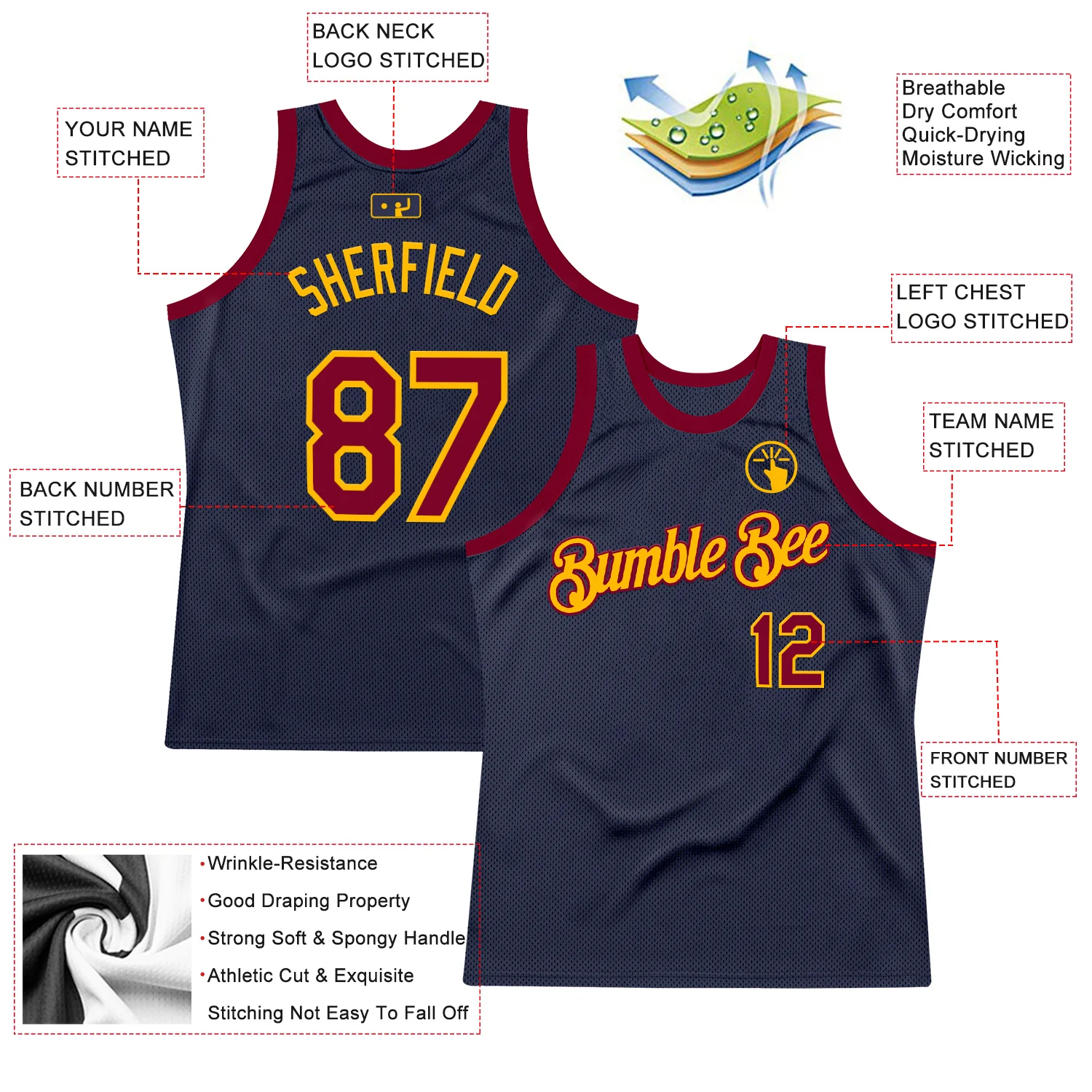 Custom Navy Maroon-Gold Authentic Throwback Basketball Jersey - Image 2