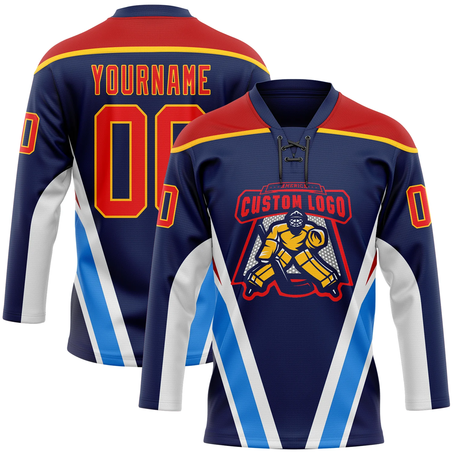 Custom Navy Fire Red Gold Blue-White Abstract Pattern Graphic Cyber Mecha E-sport Hockey Lace Neck Jersey - Image 2
