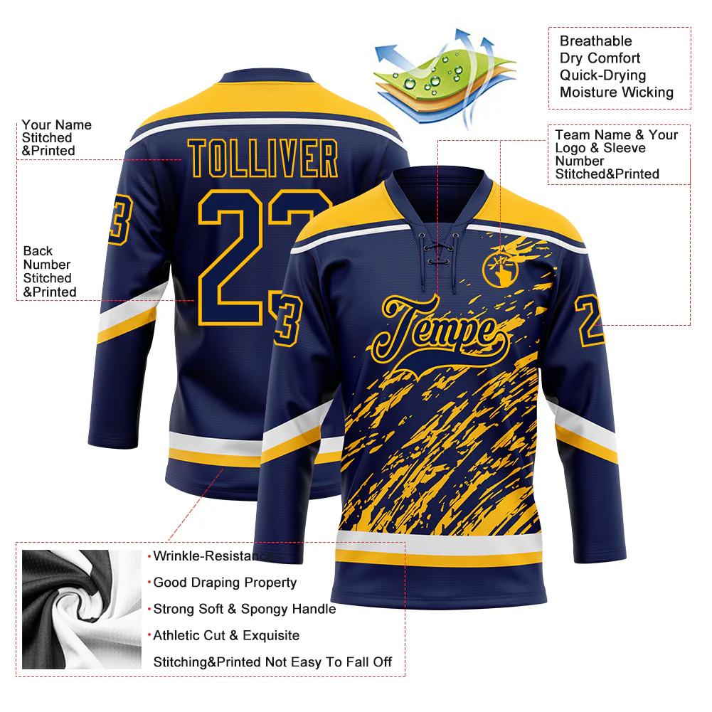 Custom Navy Gold-White 3D Splash Art Hockey Lace Neck Jersey - Image 5