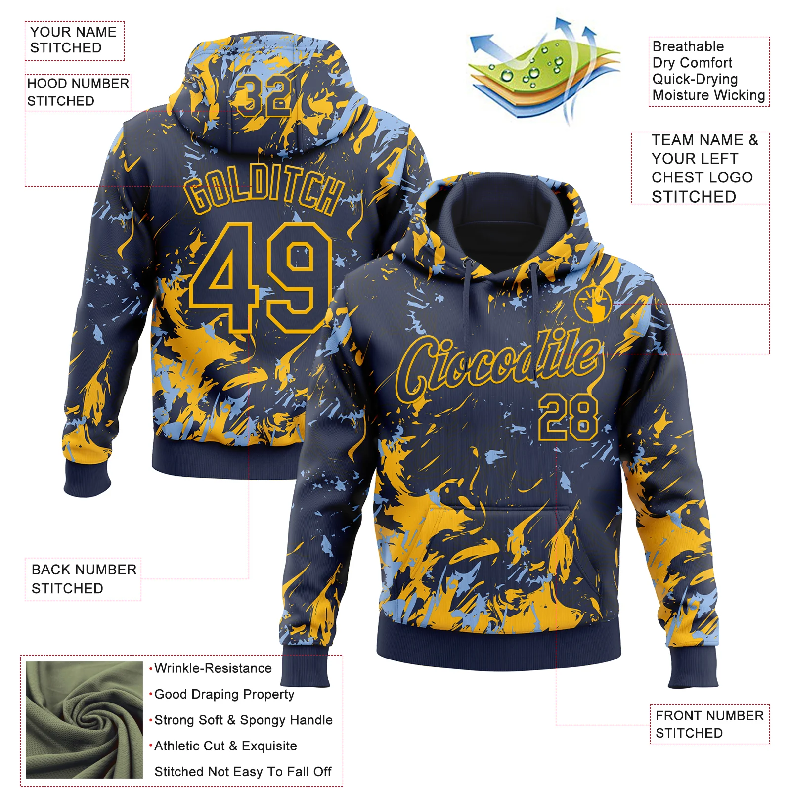 Custom Stitched Navy Gold-Light Blue Splash Sports Pullover Sweatshirt Hoodie - Image 4