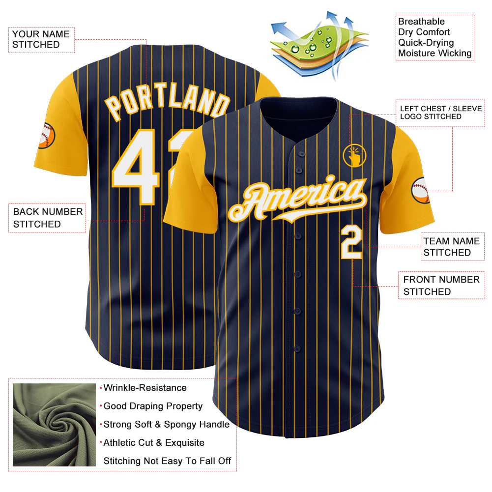 Custom Navy Gold Pinstripe White Authentic Two Tone Baseball Jersey - Image 3