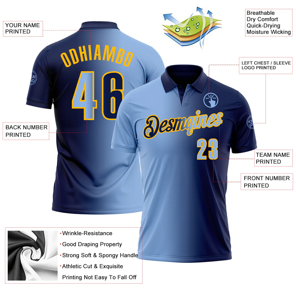 Custom Navy Light Blue-Gold 3D Gradient Fashion Performance Polo Shirt - Image 3