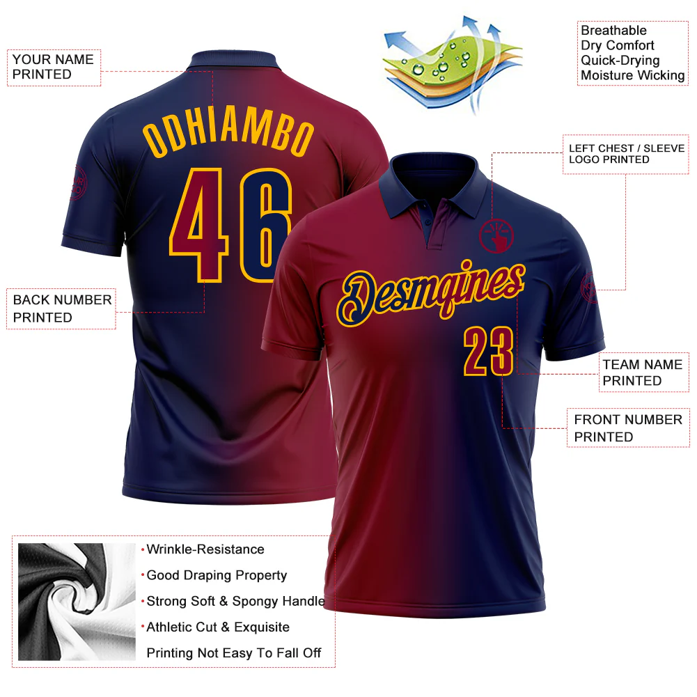 Custom Navy Maroon-Gold 3D Gradient Fashion Performance Polo Shirt - Image 3