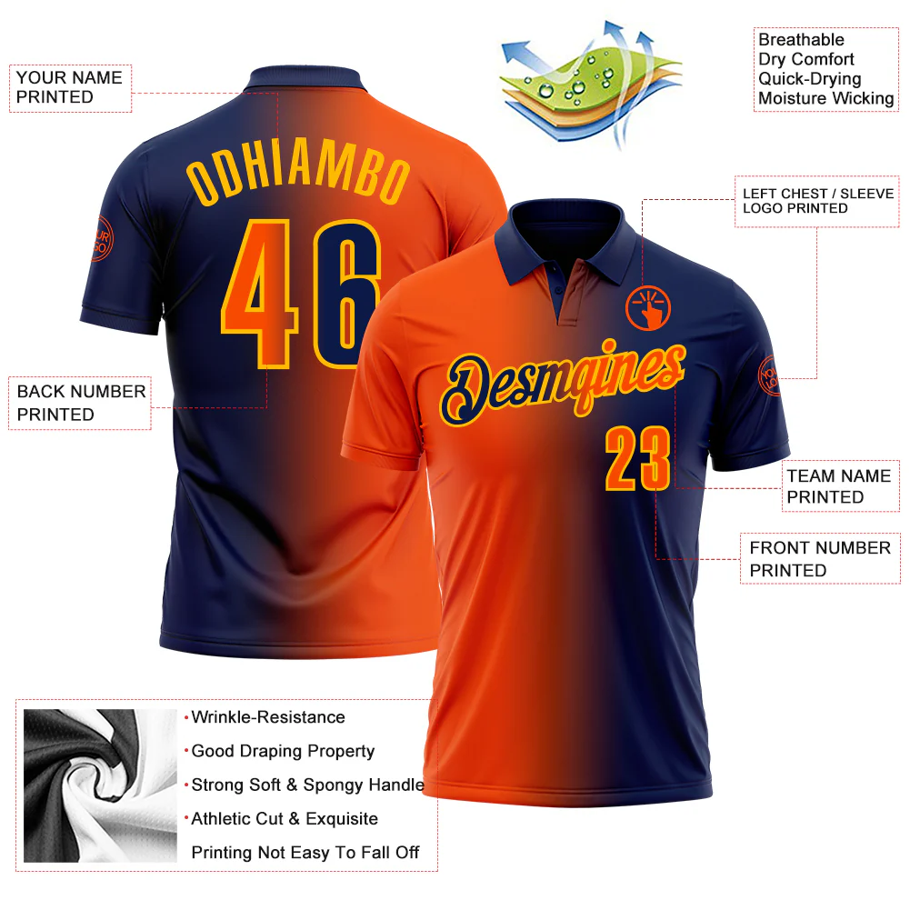 Custom Navy Orange-Gold 3D Gradient Fashion Performance Polo Shirt - Image 3
