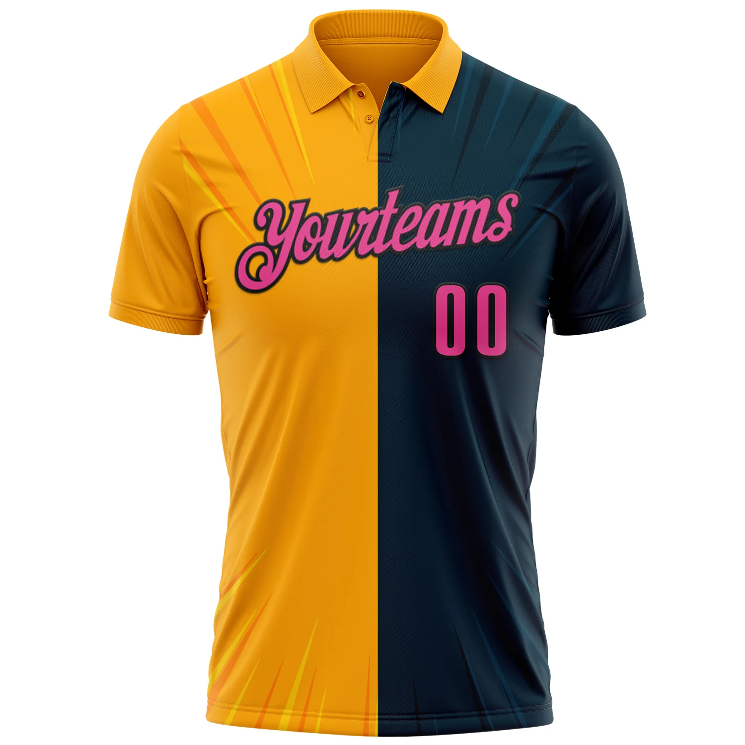 Custom Navy Pink Gold-Black 3D Bowling Performance Polo Shirt - Image 2