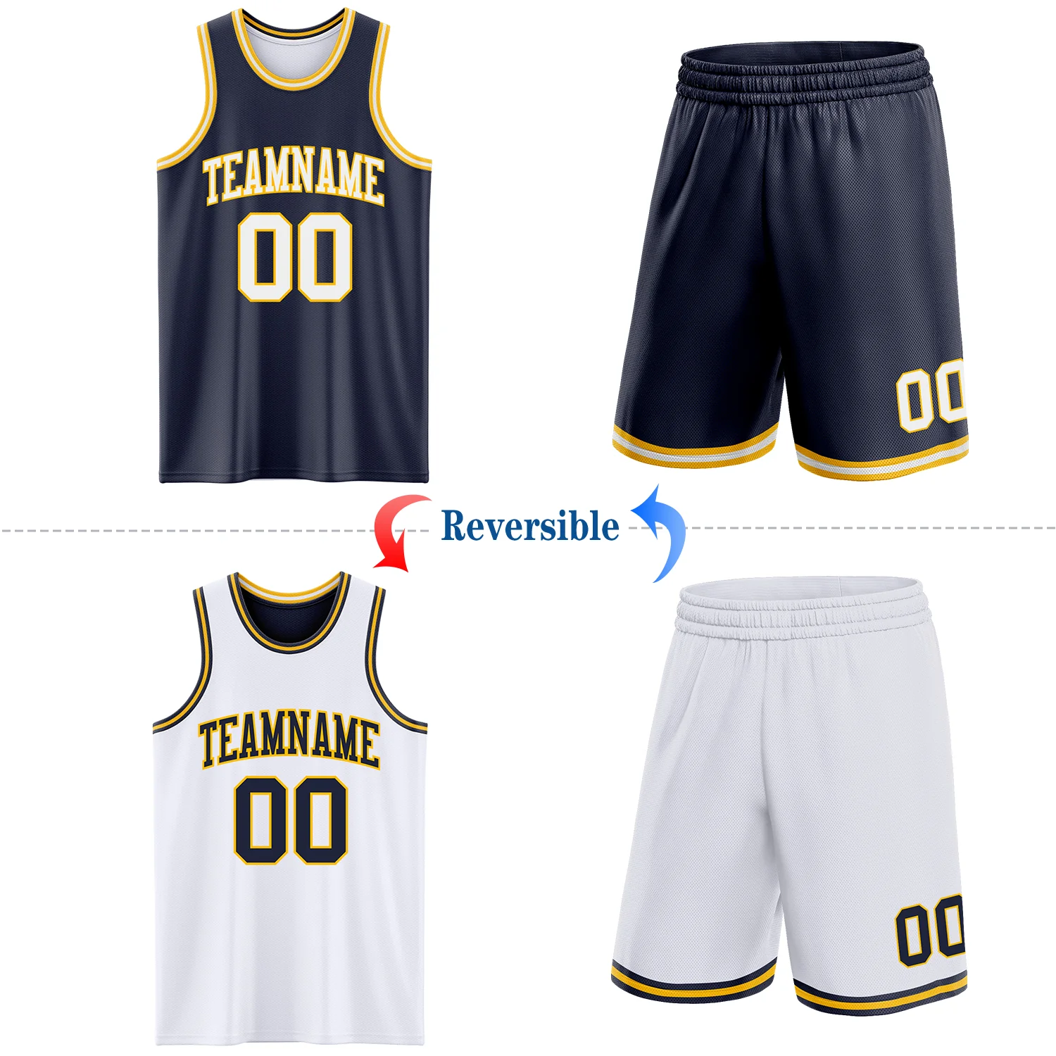 Custom Navy White-Gold Reversible Double Side Sublimation Basketball Suit Jersey - Image 2
