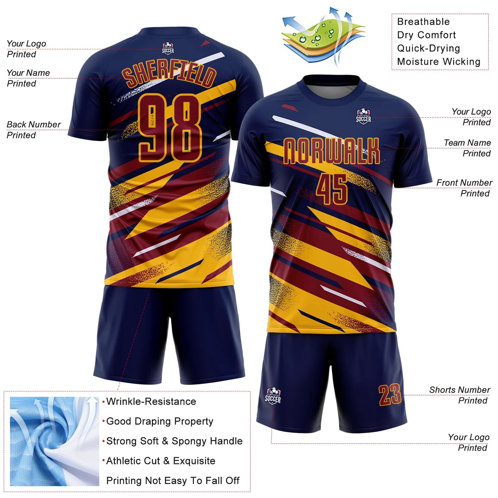 Custom Navy Crimson Gold-White Grunge Stripe And Grainy Sports Sublimation Soccer Uniform Jersey - Image 4