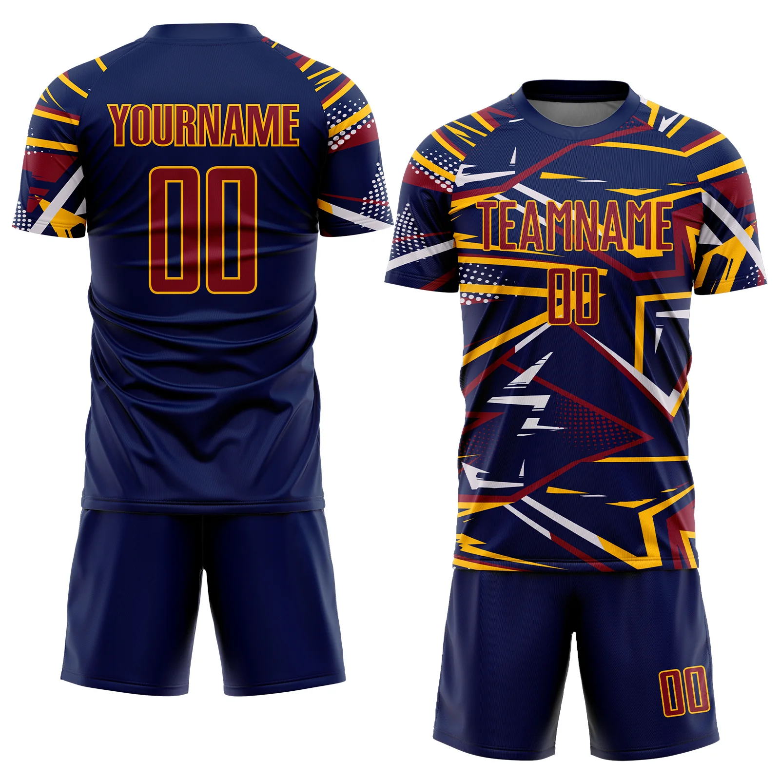 Custom Navy Crimson Gold-White Abstract Geometric Stripes Sports Sublimation Soccer Uniform Jersey - Image 2