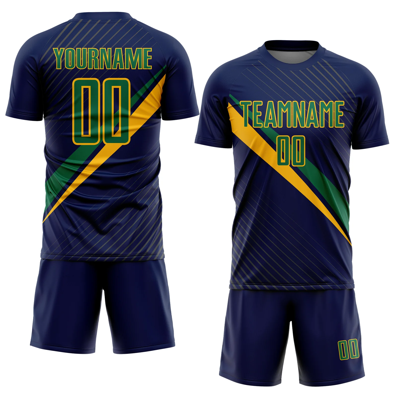 Custom Navy Kelly Green-Gold Diagonal Stripes Sports Sublimation Soccer Uniform Jersey - Image 2