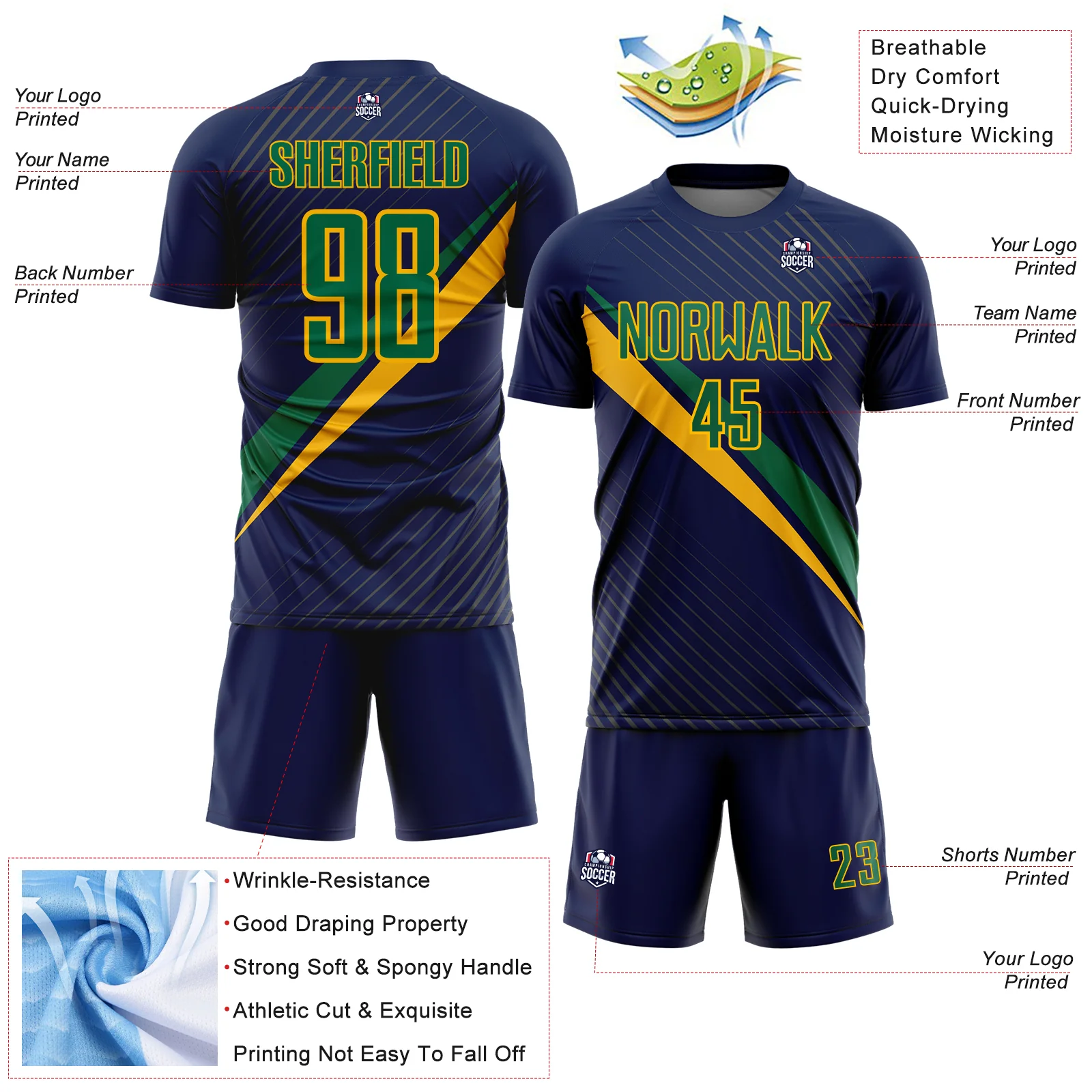 Custom Navy Kelly Green-Gold Diagonal Stripes Sports Sublimation Soccer Uniform Jersey - Image 4