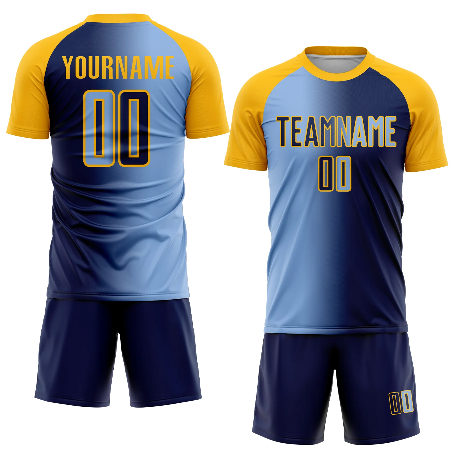 Custom Navy Light Blue-Gold Sublimation Gradient Fashion Soccer Uniform Jersey - Image 2