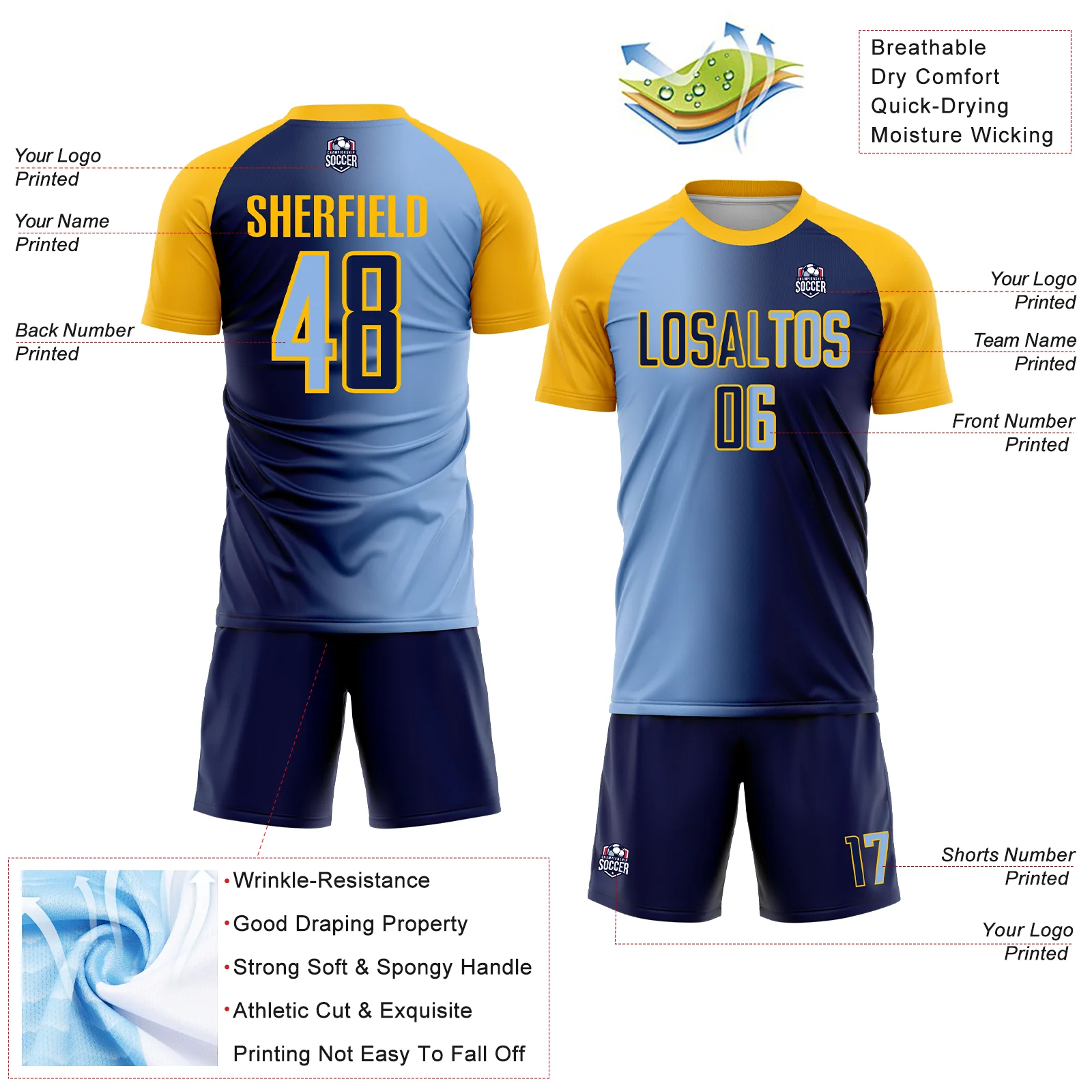 Custom Navy Light Blue-Gold Sublimation Gradient Fashion Soccer Uniform Jersey - Image 4