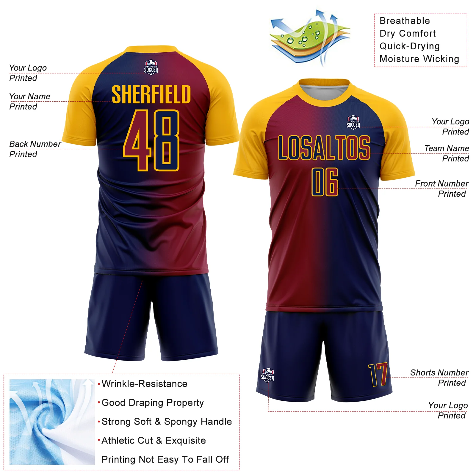 Custom Navy Maroon-Gold Sublimation Gradient Fashion Soccer Uniform Jersey - Image 4