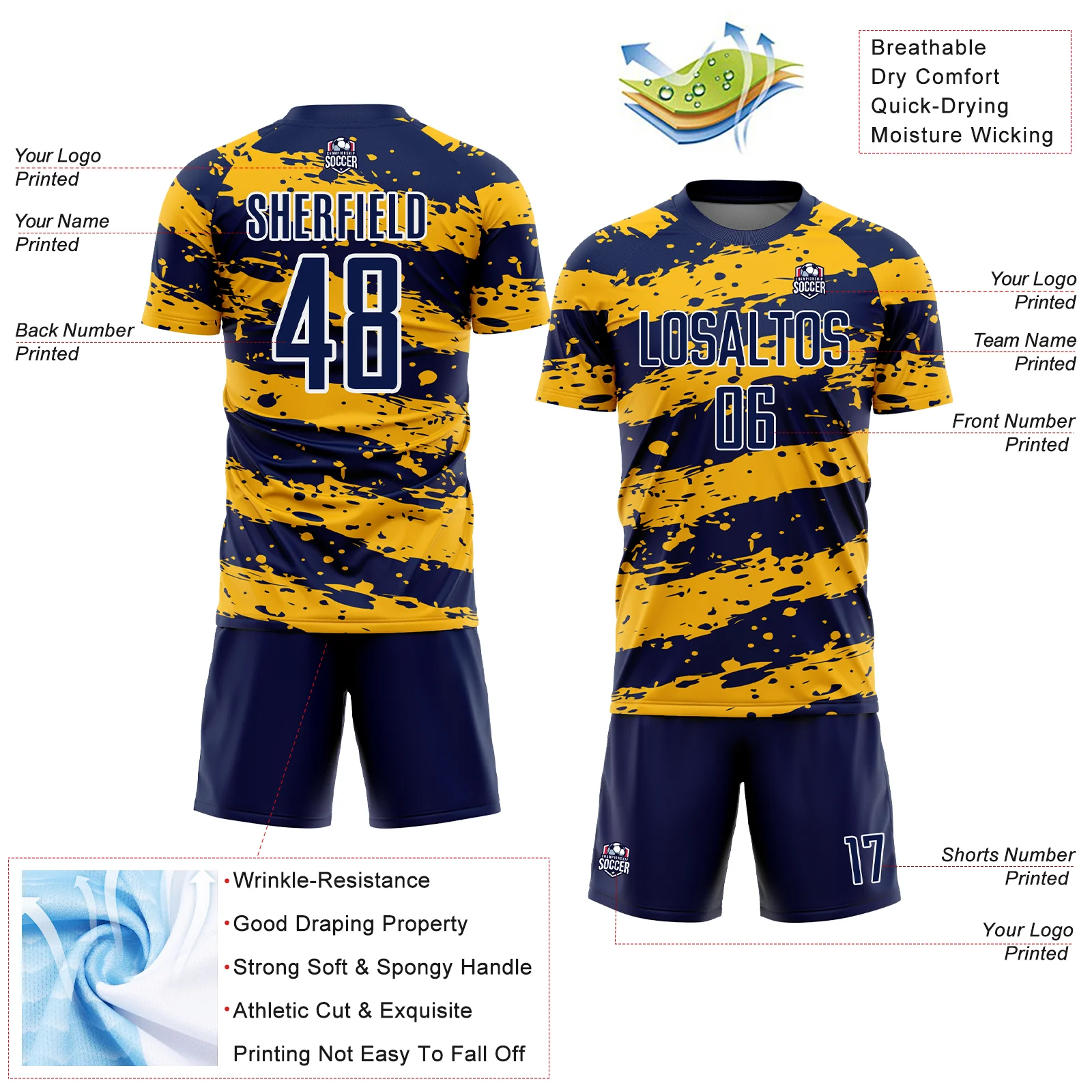 Custom Navy Gold-White Splash Sublimation Soccer Uniform Jersey - Image 4