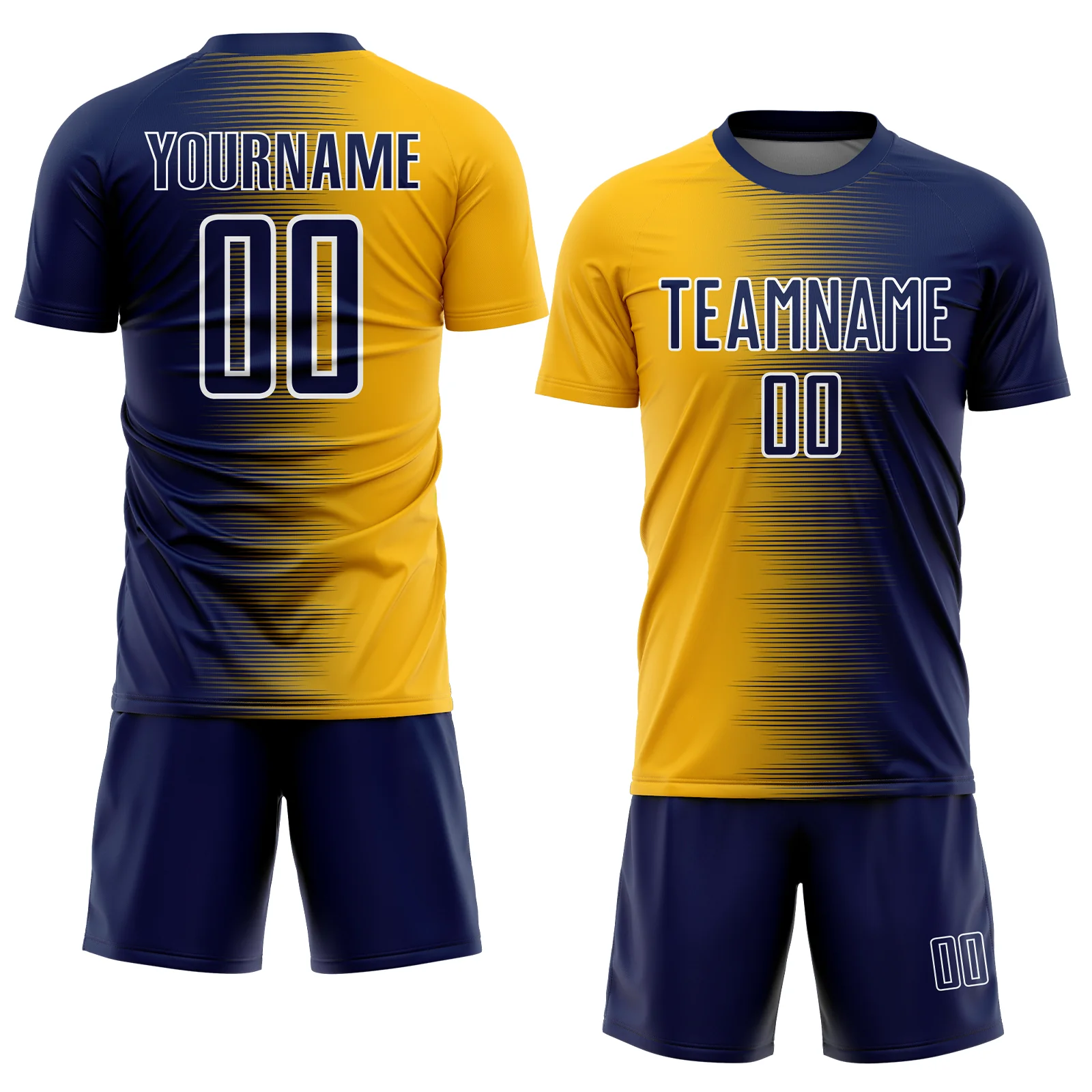 Custom Navy Gold-White Gradient Line Sublimation Soccer Uniform Jersey - Image 2