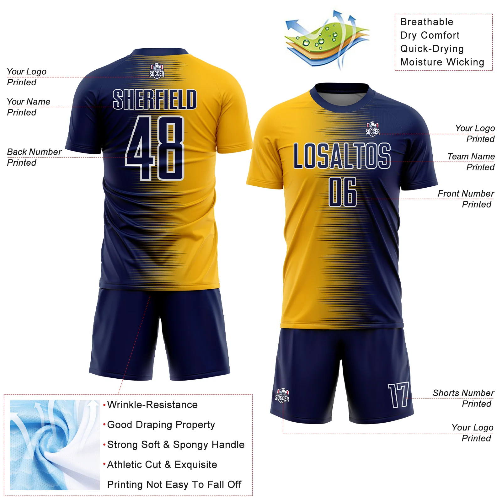 Custom Navy Gold-White Gradient Line Sublimation Soccer Uniform Jersey - Image 4