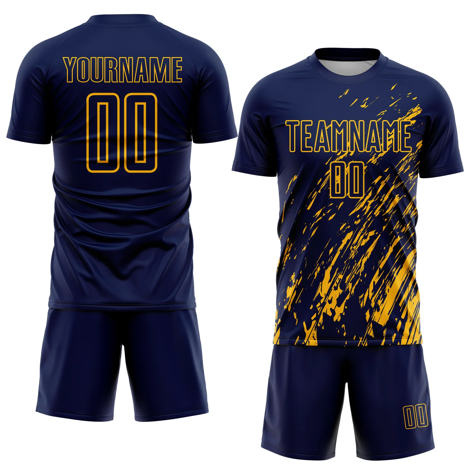 Custom Navy Gold Splash Sublimation Soccer Uniform Jersey - Image 2