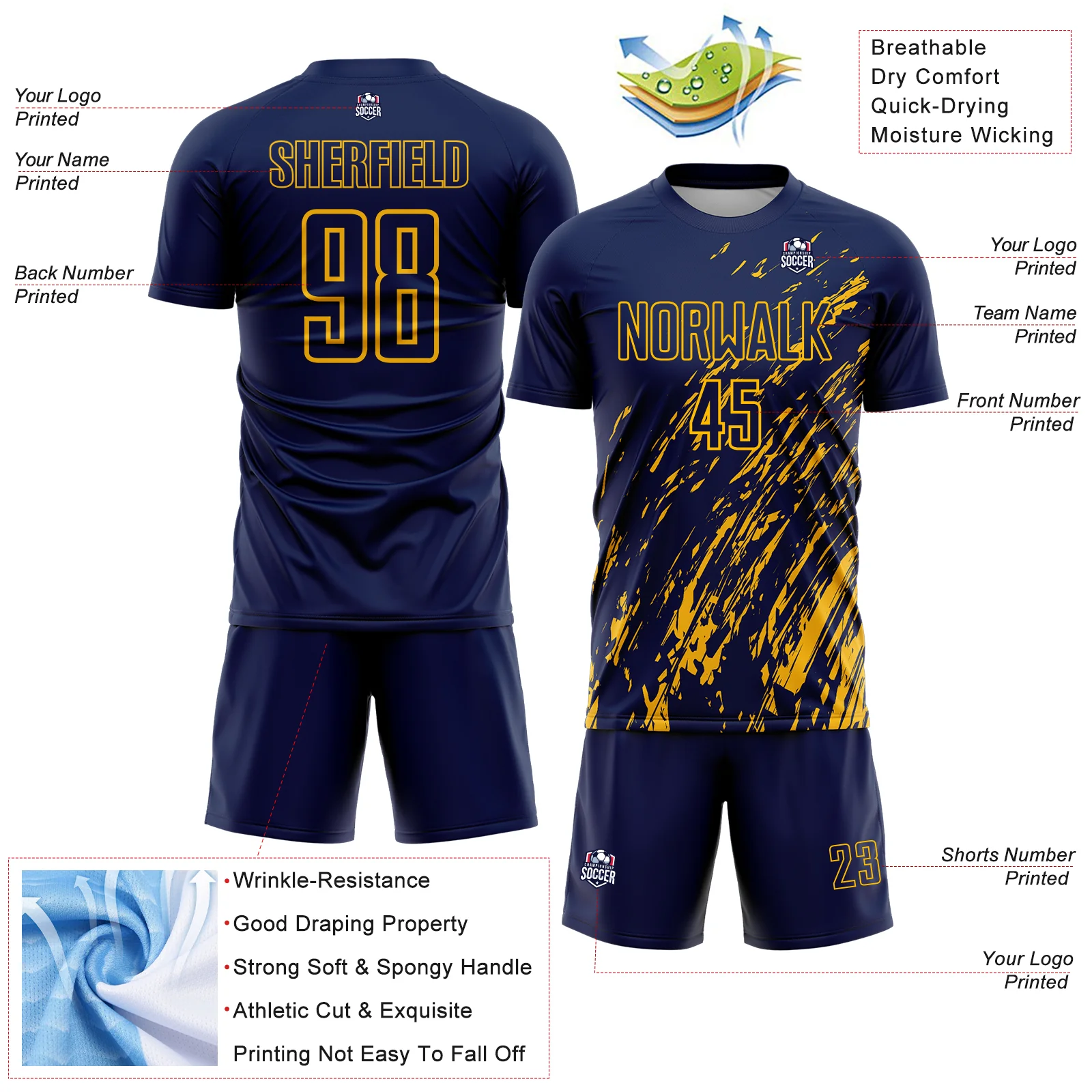 Custom Navy Gold Splash Sublimation Soccer Uniform Jersey - Image 4