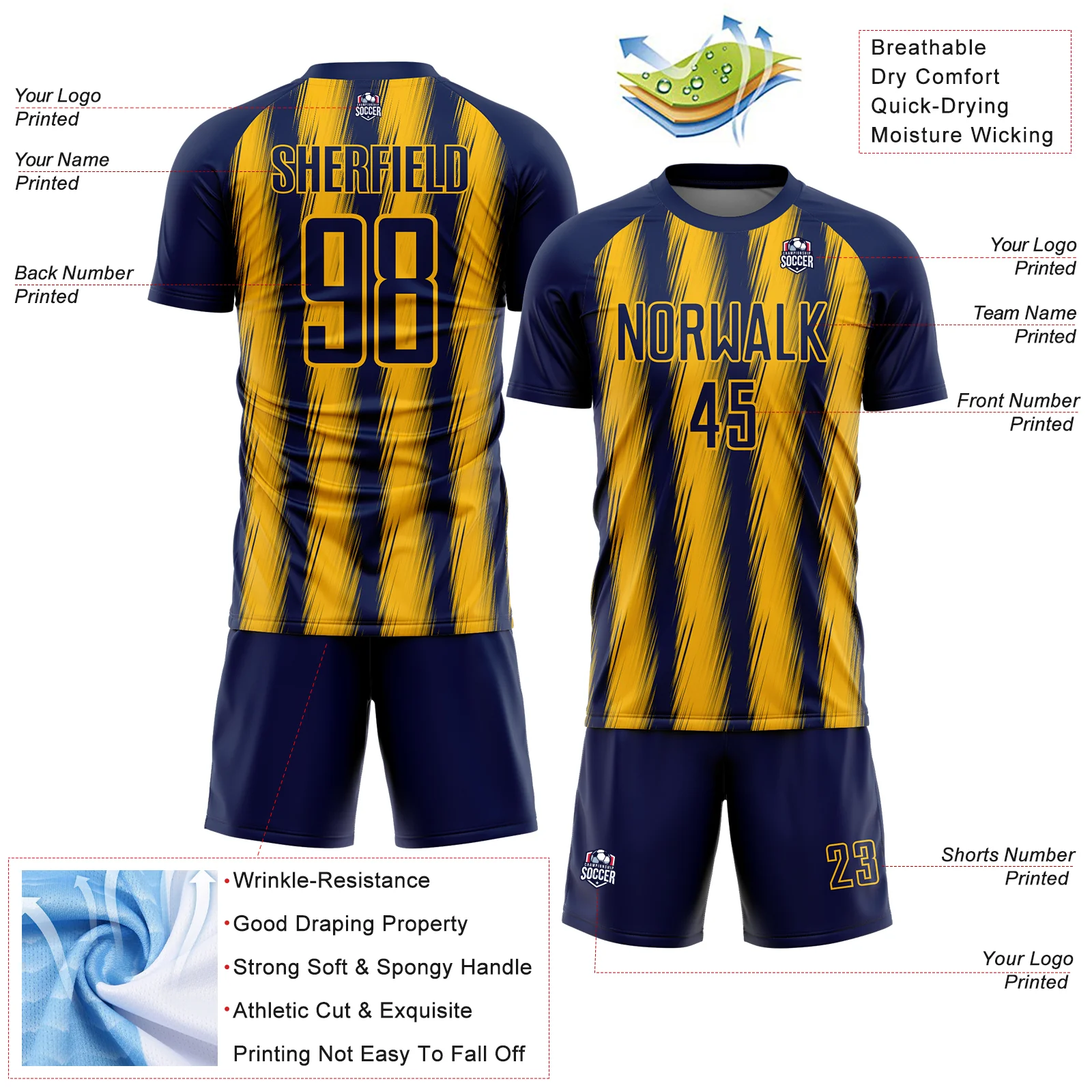 Custom Navy Gold Vertical Brush Stroke Stripes Sublimation Soccer Uniform Jersey - Image 4