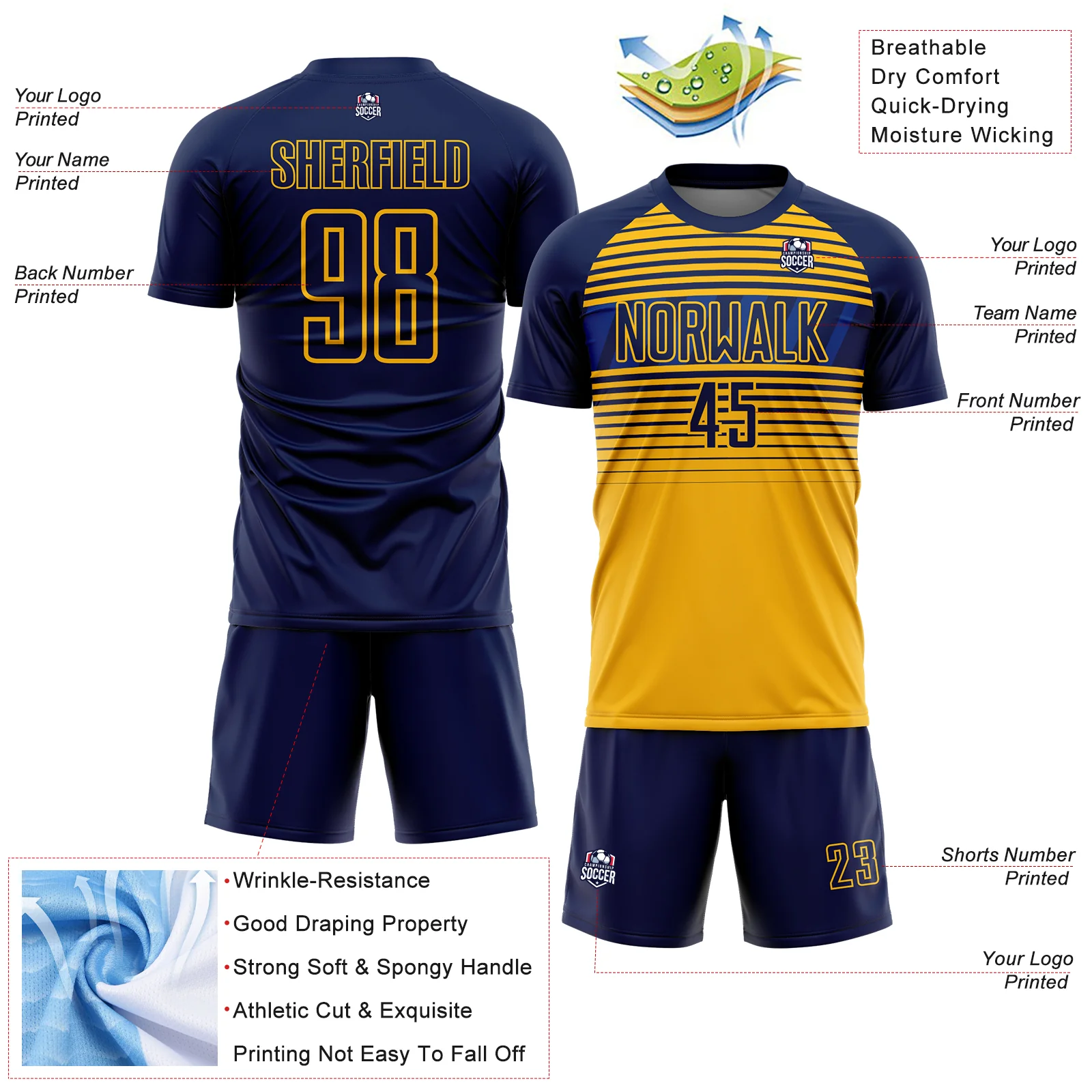 Custom Navy Gold-Royal Gradient Horizontal Stripes Sublimation Soccer Uniform Jersey - Image 4
