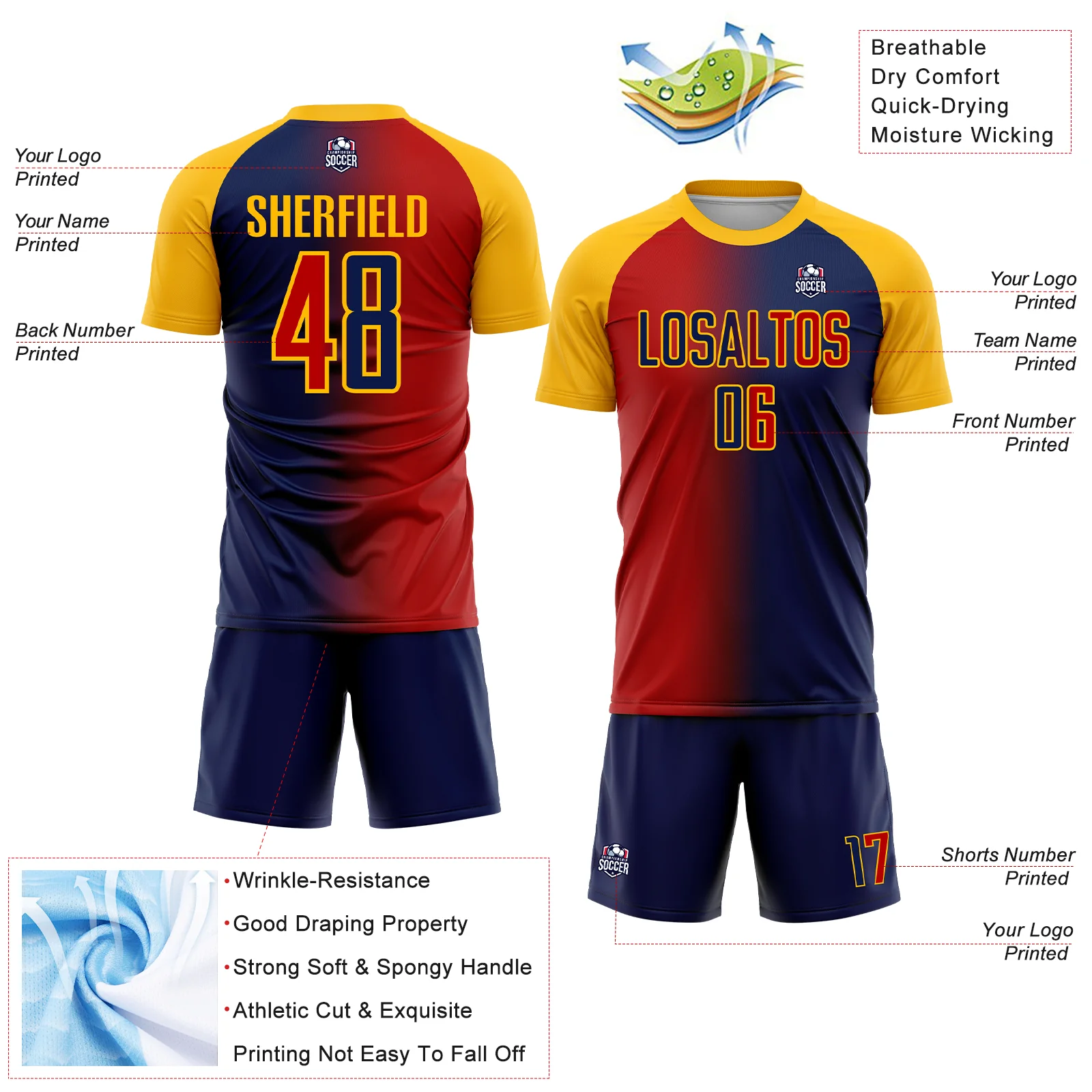 Custom Navy Red-Gold Sublimation Gradient Fashion Soccer Uniform Jersey - Image 4