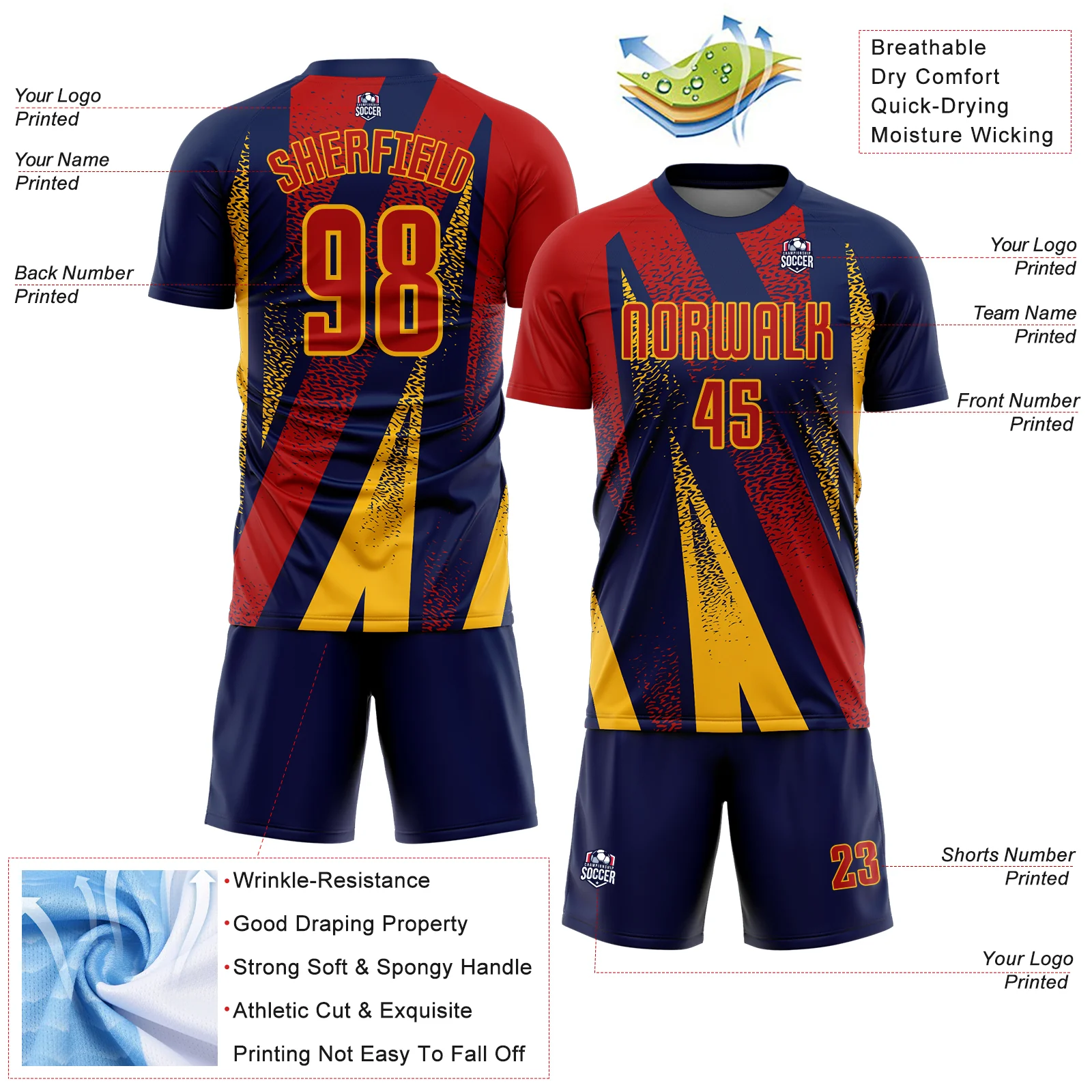 Custom Navy Red-Gold Radial Burst Sports Sublimation Soccer Uniform Jersey - Image 4