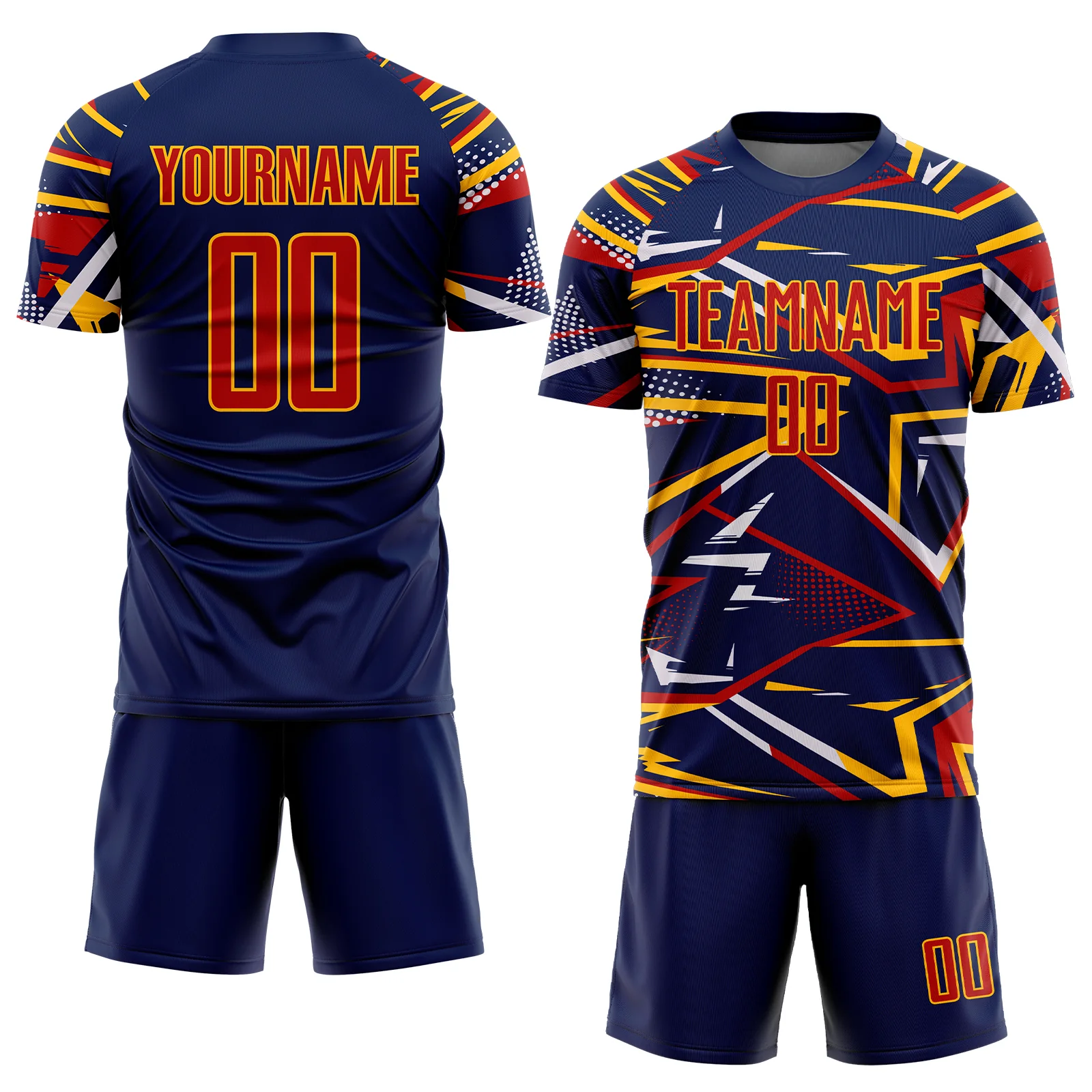 Custom Navy Red Gold-White Abstract Geometric Stripes Sports Sublimation Soccer Uniform Jersey - Image 2