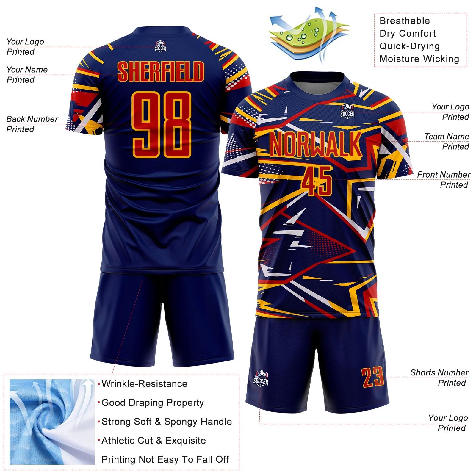 Custom Navy Red Gold-White Abstract Geometric Stripes Sports Sublimation Soccer Uniform Jersey - Image 4