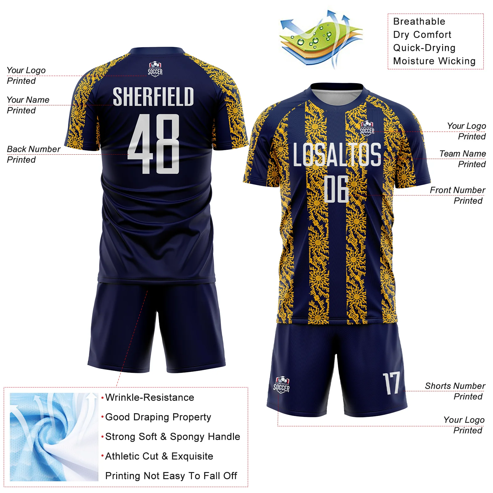 Custom Navy White-Gold Abstract Shape Sublimation Soccer Uniform Jersey - Image 4